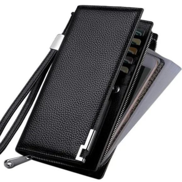 New Long Black Leather Wallet for Men Zippered Leather Wallet RFID - Picture 4 of 12